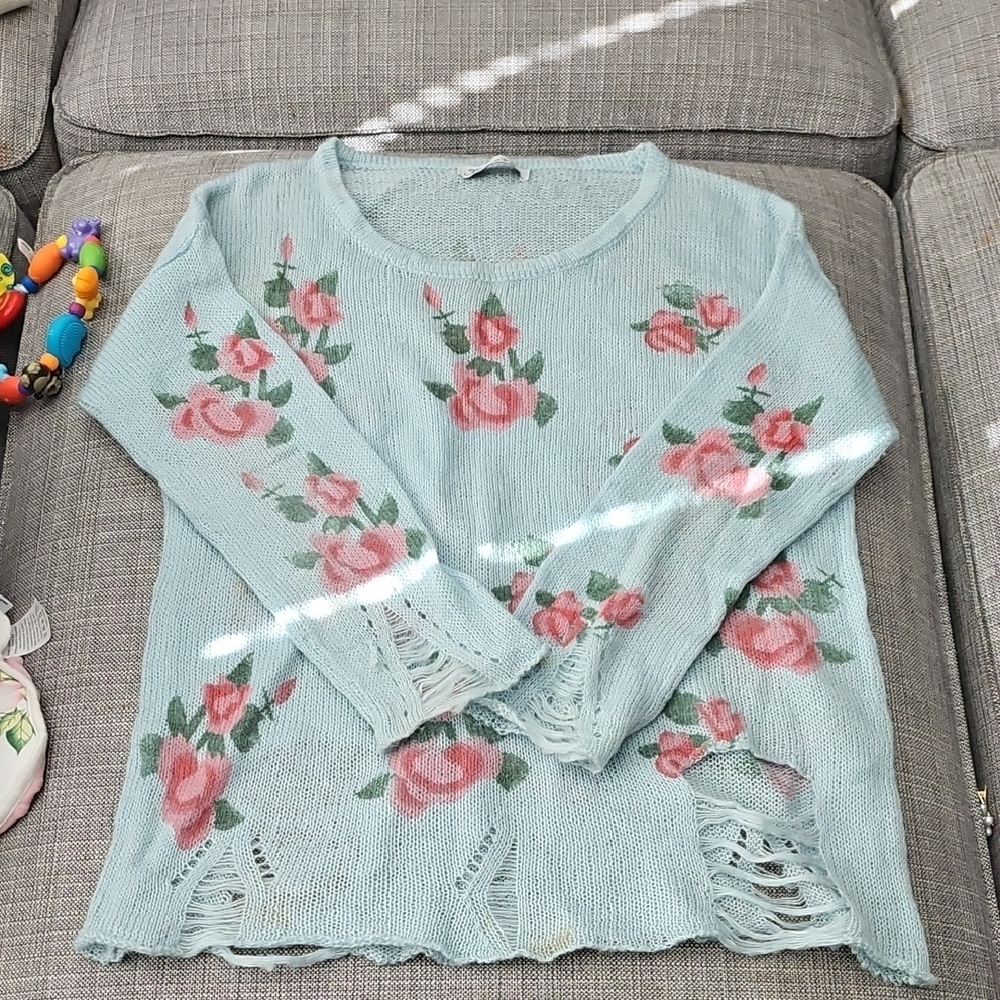 Floral Knit Sweater with Pink Roses